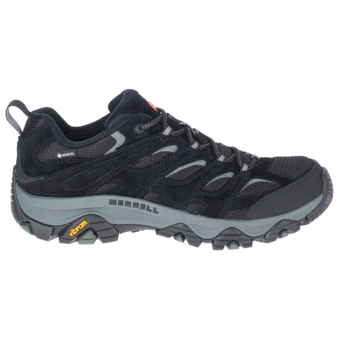 Merrell Moab 3 GTX Shoes Men Merrell Moab 3 GTX vandringssko i svart med grå detaljer och Vibram-sula, sedd från sidan