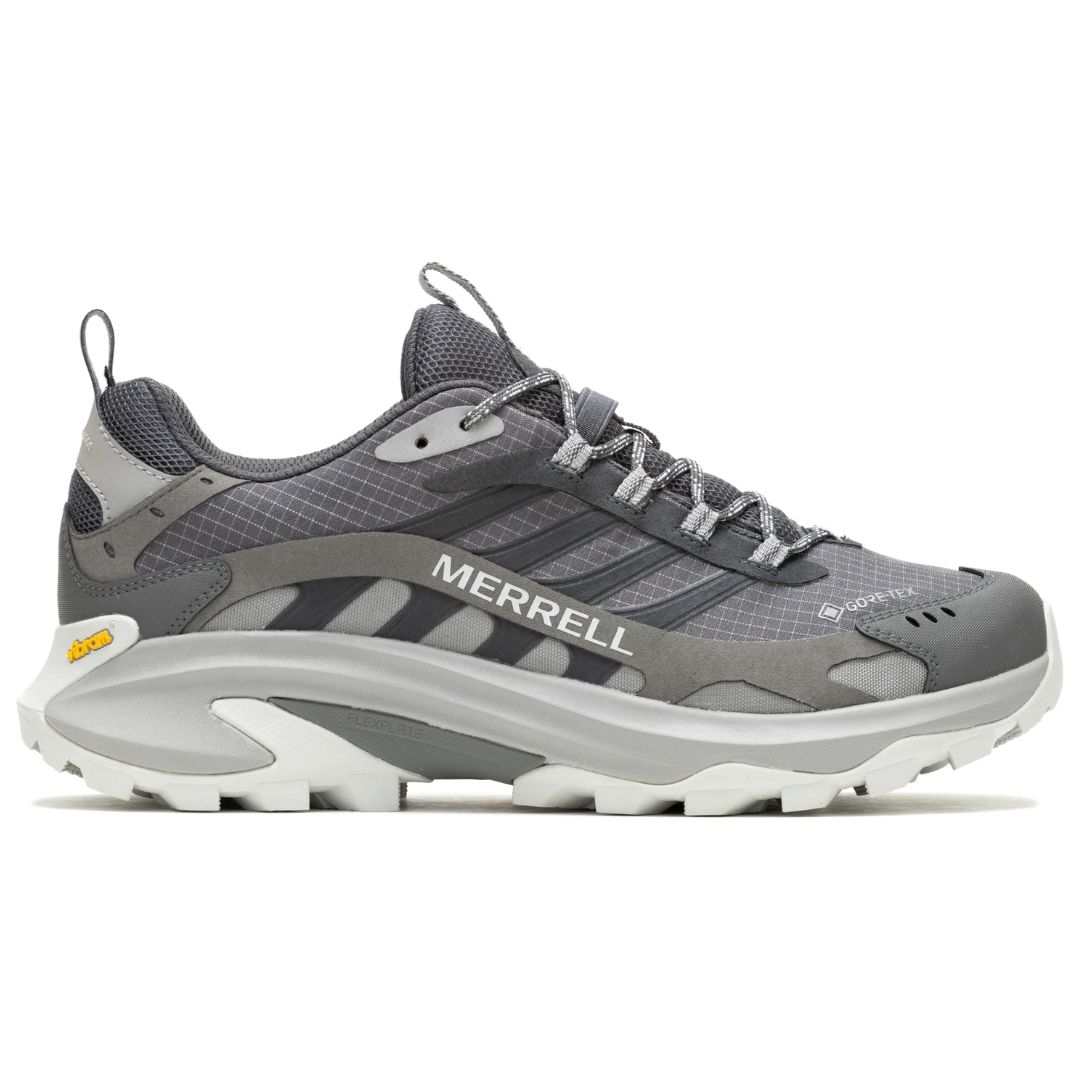 Grå vandringssko Merrell Moab Speed 2 GTX med GORE-TEX och Vibram-sula, sedd från sidan