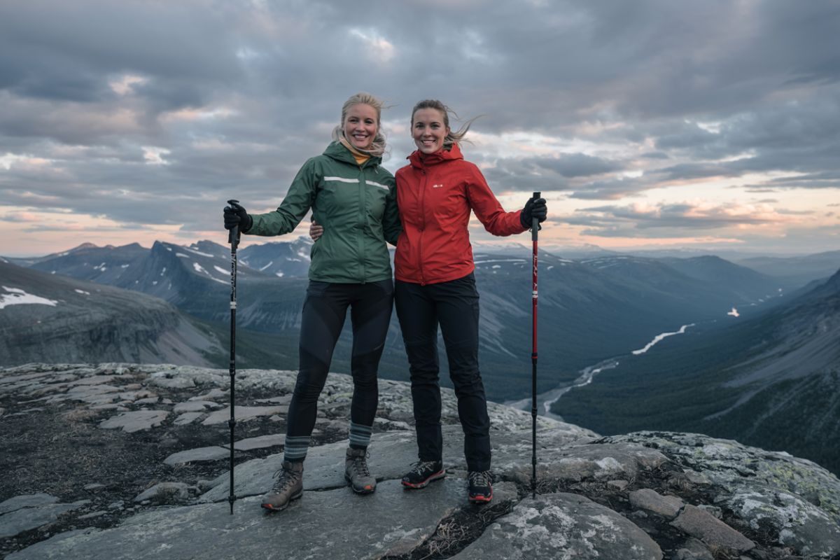 Två kvinnor står på en fjälltopp i solnedgång, bär vandringskängor och använder stavar.