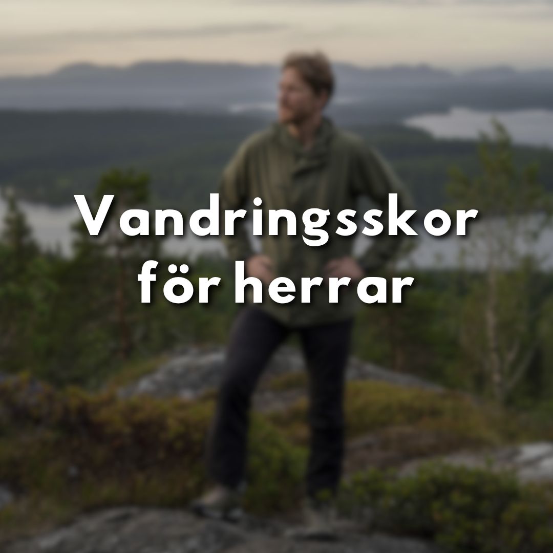 Man i friluftskläder står på bergsknalle med utsikt över skog och sjö.