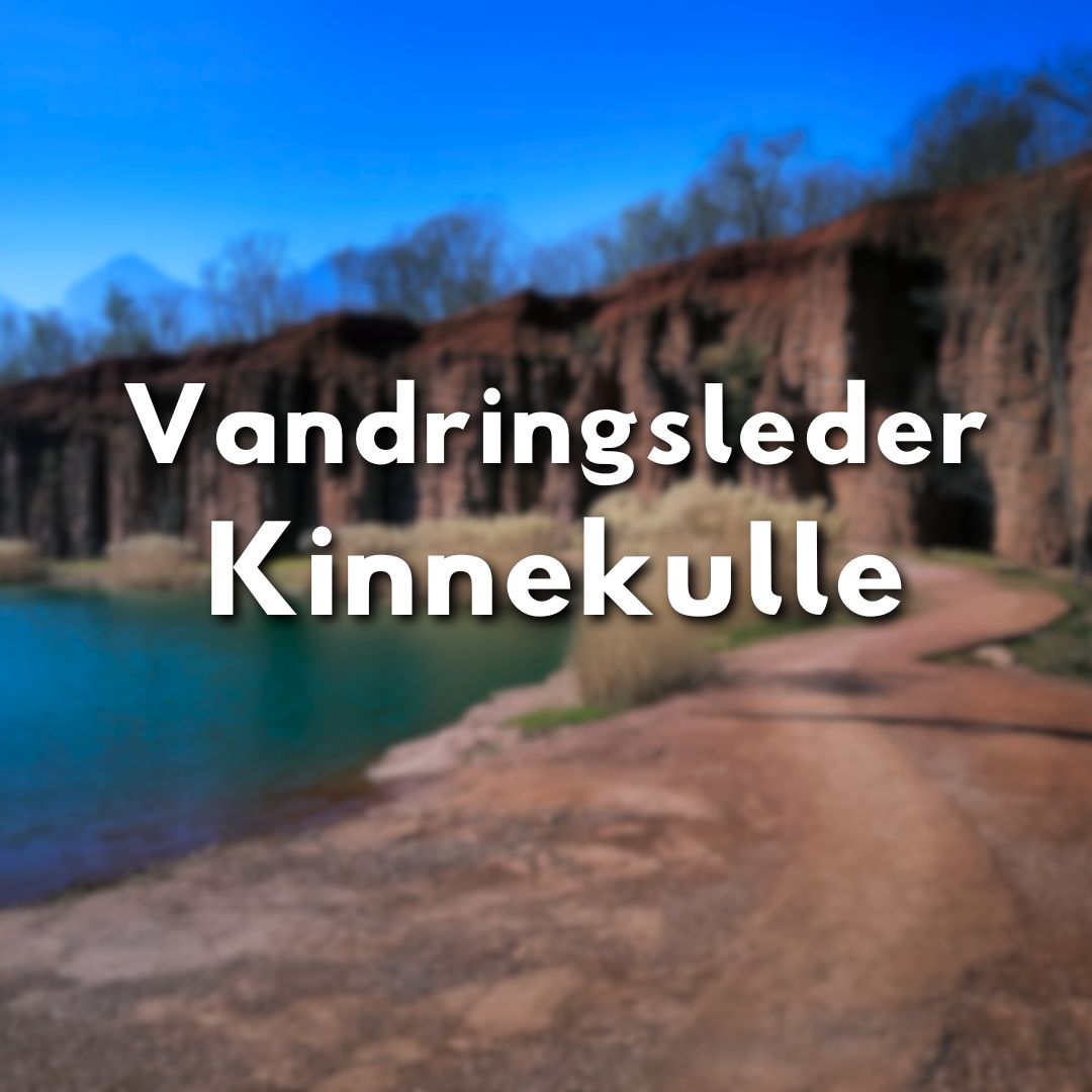 Texten “Vandringsleder Kinnekulle” över en suddig bakgrund med sjö och röda klippor.