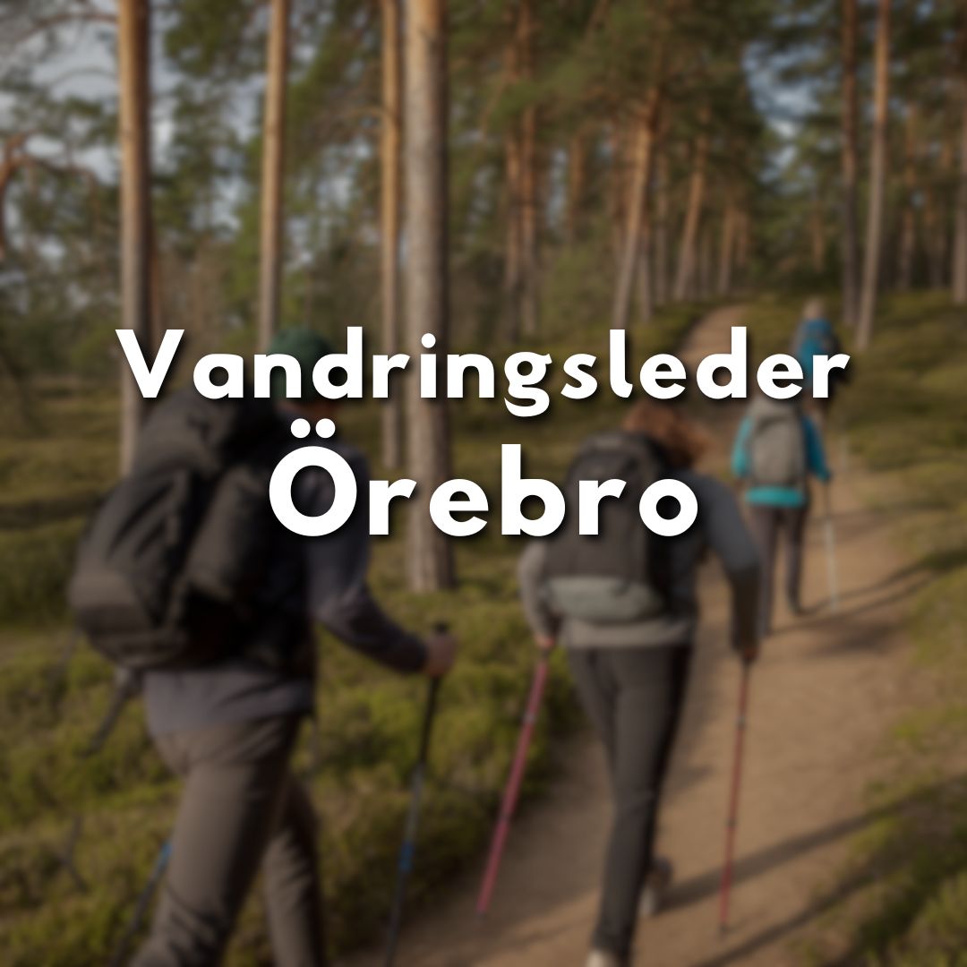 Personer som vandrar på en skogsstig i Örebro län med texten 'Vandringsleder Örebro'