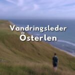 Vandrare blickar ut över havet från en höjd längs Österlens kust, med text "Vandringsleder Österlen"