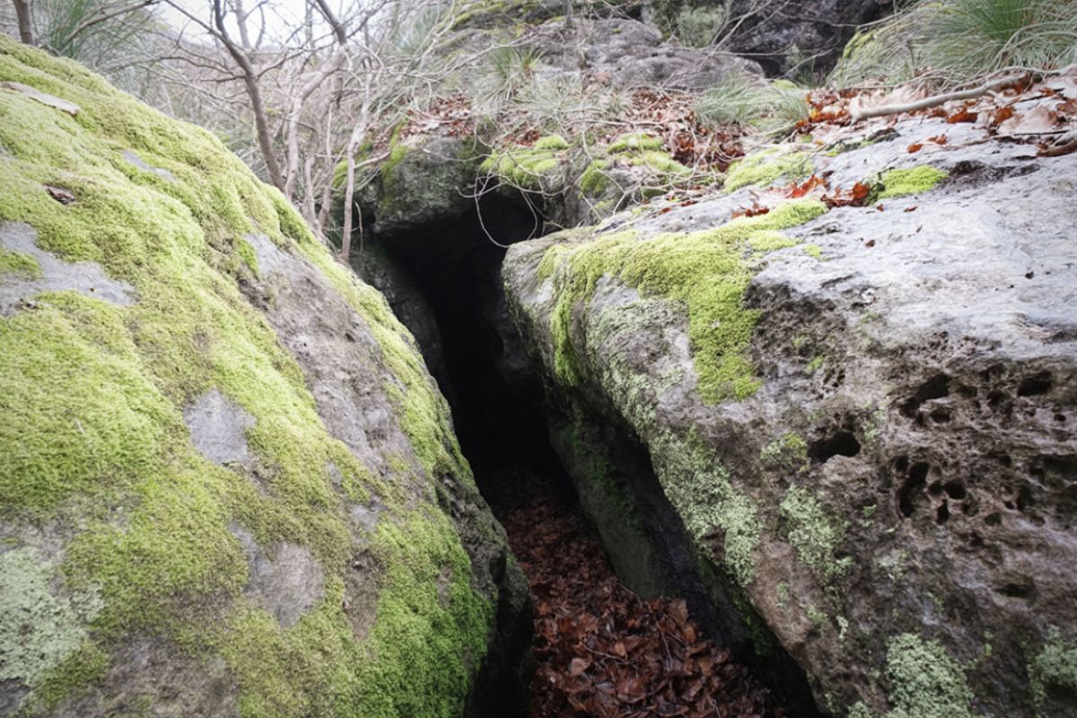 Smal mossbeklädd ravin och grottöppning i Sundsby på Tjörn