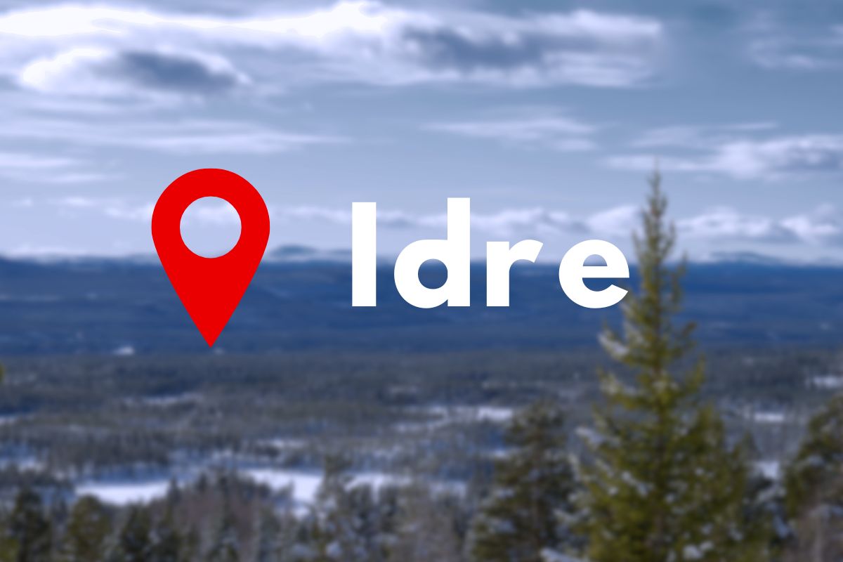 Guide till vandring i Idre Vildmarknaden.se Utsikt över fjällandskap vid Idre med en röd platsmarkör och texten "Idre"