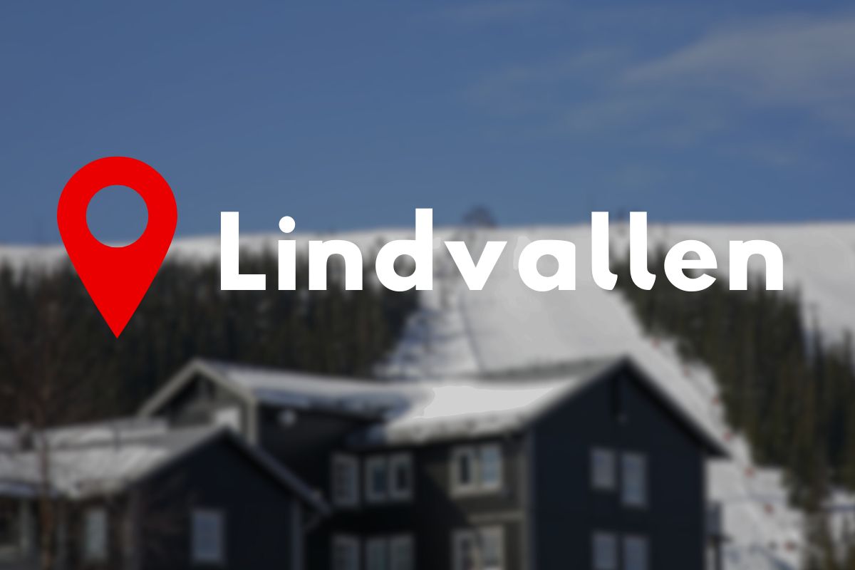 Guide till vandring i Lindvallen Vildmarknaden.se Logotyp med platsmarkör och texten "Lindvallen" framför snöklädda fjällstugor och skidbacke.