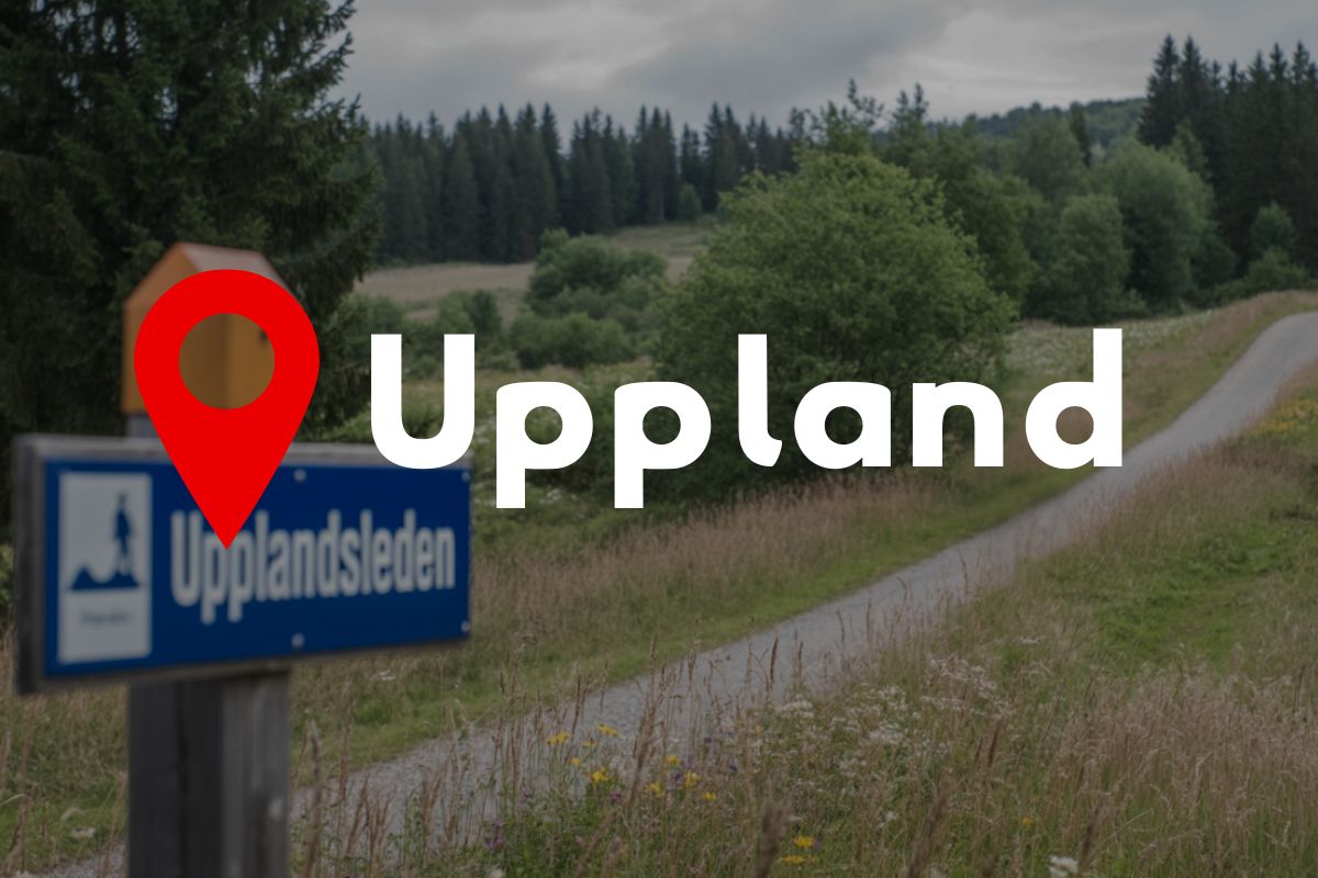 Skylt för Upplandsleden vid en slingrande grusväg med skog i bakgrunden, texten "Uppland"