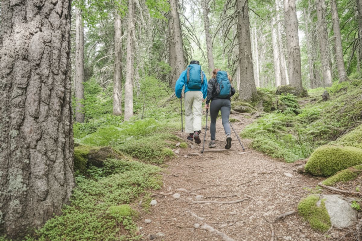 Skogsvandring i Skaraborg Vildmarknaden.se Två vandrare med ryggsäckar och stavar på stig i grön skog i Skaraborg.