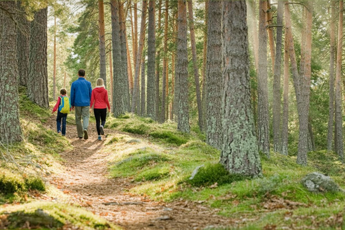 Familj med barn vandrar på en skogsstig genom tallskog i Vättlefjäll.
