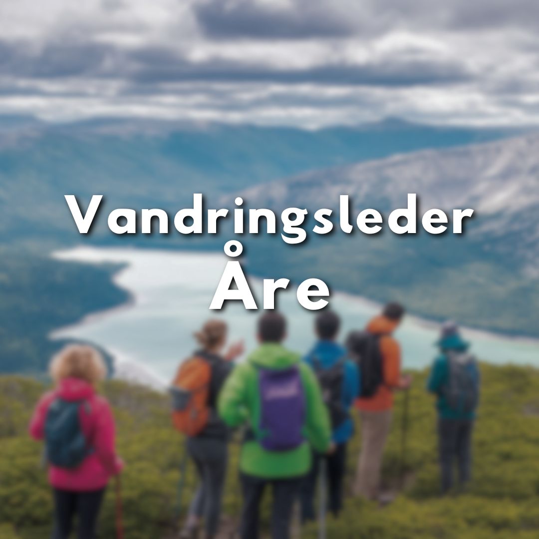 Grupp vandrare med ryggsäckar blickar ut över fjäll och sjö i Åre, med texten "Vandringsleder Åre" i fokus.