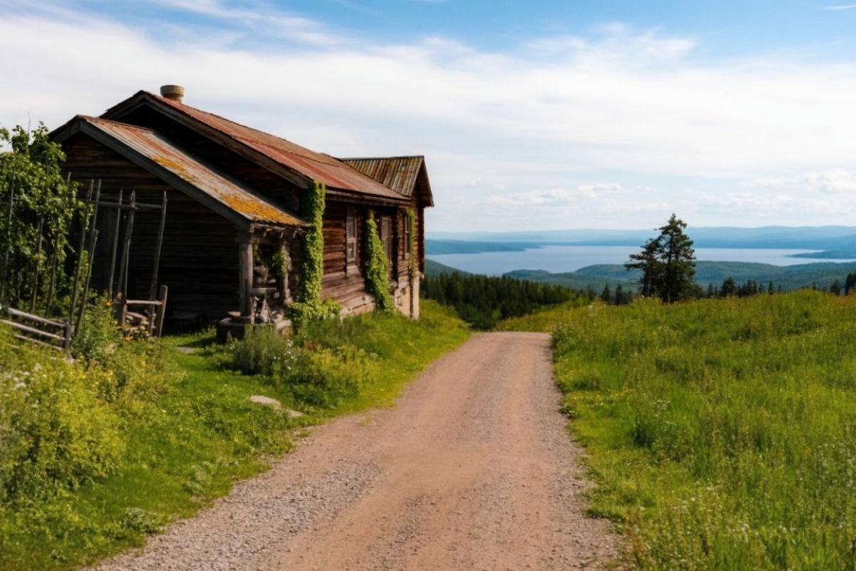 Grusväg vid gammal fäbodstuga med utsikt över sjöar och skog i Dalarna.