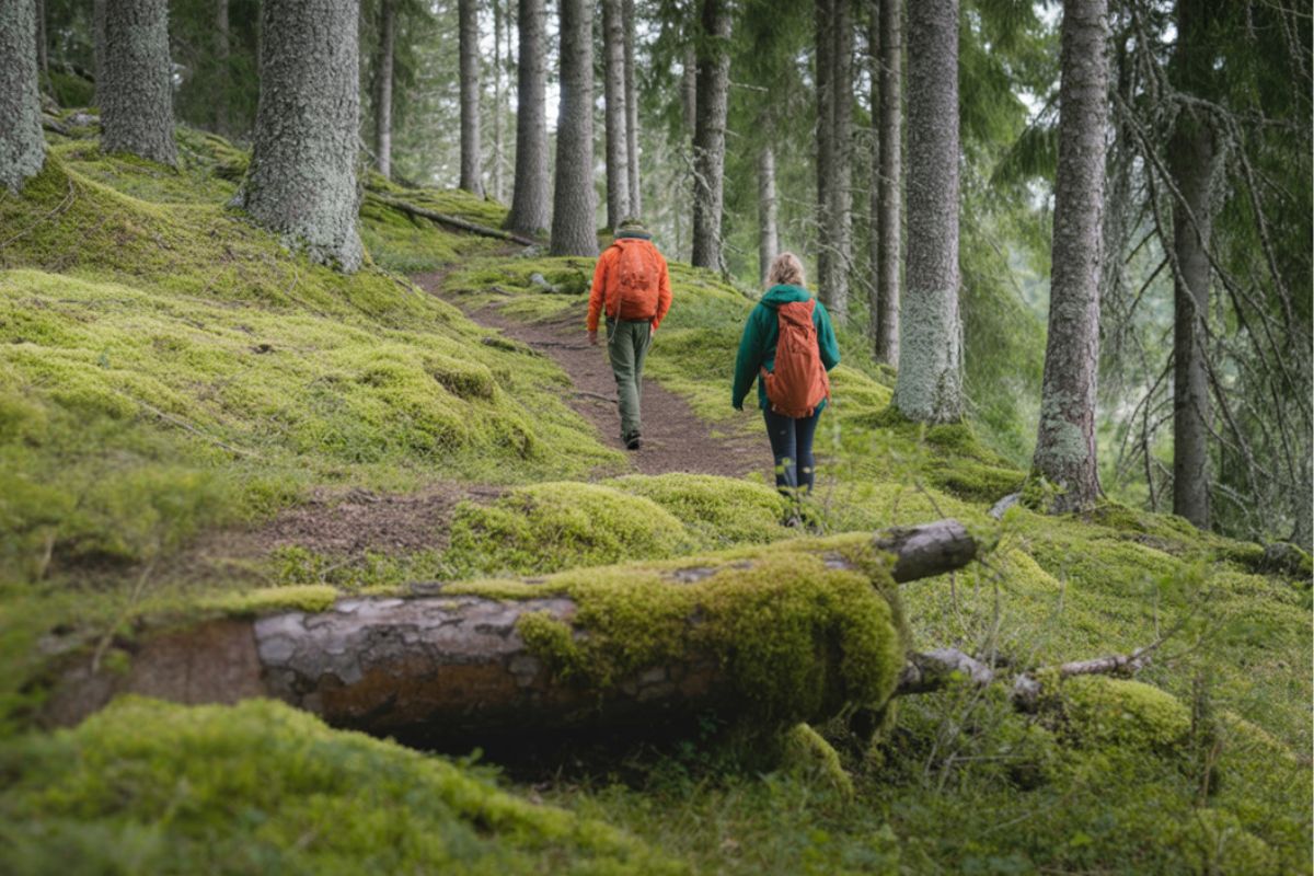 Vandringsleder Värmland Vildmarknaden.se Två vandrare med ryggsäck går längs en stig i en mossbeklädd tallskog i Värmland.