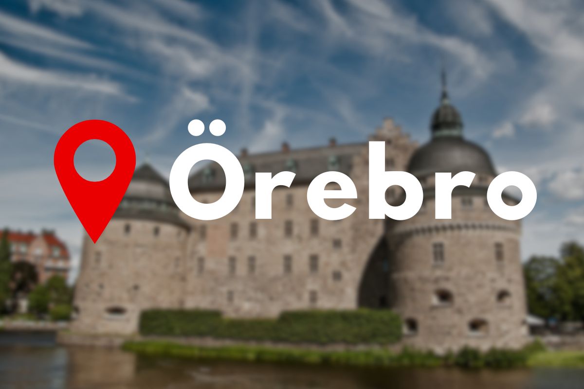 "Örebro slott med stiliserad text och kartnålssymbol i förgrunden"