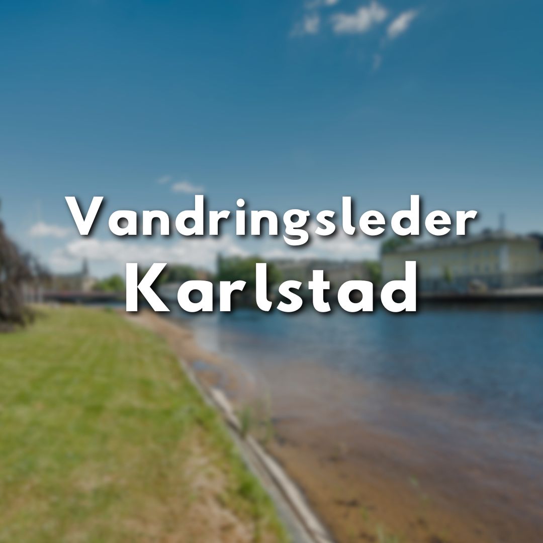 Klarälven rinner genom Karlstad med blå himmel ovan och texten "Vandringsleder Karlstad"