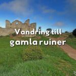 Vandring till gammal slottsruin längs stig genom grönskande landskap.