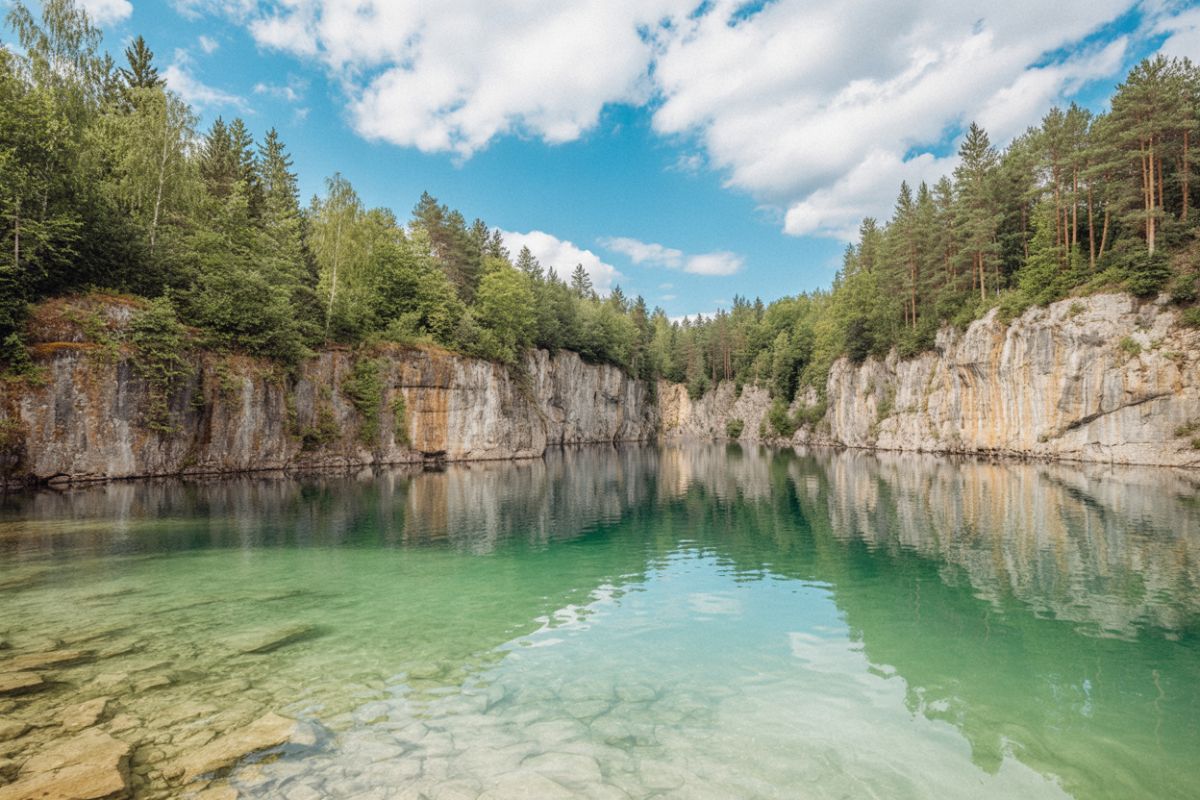 Uskavi kalkbrott Sverige Vildmarknaden.se Uskavi kalkbrott i Bergslagen, klart turkost vatten omgiven av höga klippväggar och granskog.