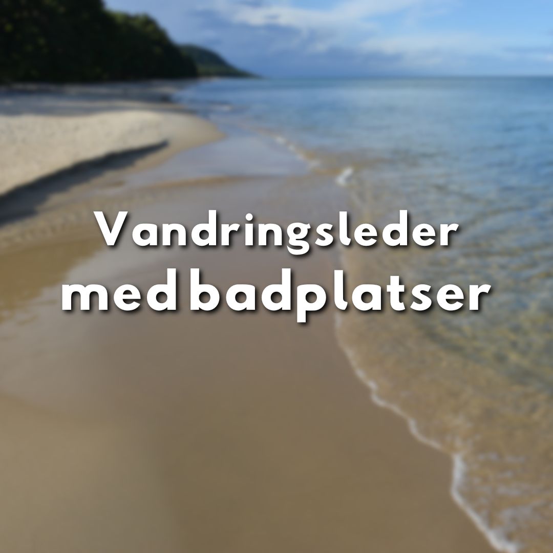 Strandkant med klart vatten, texten "Vandringsleder med badplatser" syns i bilden.